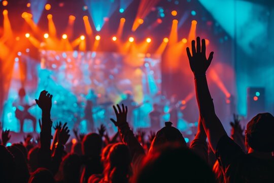 Konzertbesucher heben die H&auml;nde in die Luft und tanzen. Livekonzert mit Lightshow und B&uuml;hne mit Musikern in der Ferne. Musikkonzert mit feiernden Menschen. 