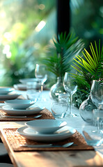 All white elegant dining table setup, blurry white background with copy space, depth of field, green plants, shades of blue. table setting in a restaurant.