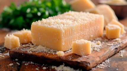 Parmesan cheese on a wooden board close camera realism. cheese and bread.