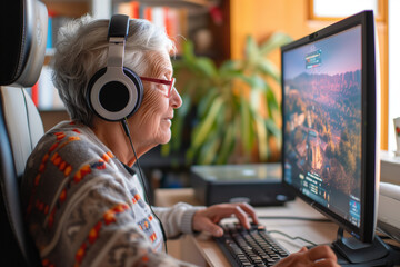 old lady plays video games - obrazy, fototapety, plakaty