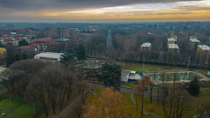 Cityscape top view. Italian city view from a drone Sunset in cloudy weather, view from a drone of...