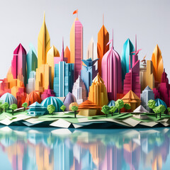An origami cityscape with AI buildings. isolate on white. multicolored. origami style