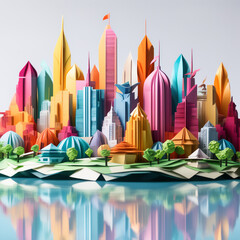 Obraz premium An origami cityscape with AI buildings. isolate on white. multicolored. origami style