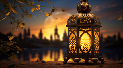 Naklejka premium 3D illustration featuring an ornamental and golden Arabic lantern, radiating a warm glow in the night. Generative AI