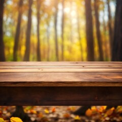 Wooden board empty table in front of blurred background. perspective brown wood table over blur trees in forest background - can be used mock up for display or montage your products. autumn season.