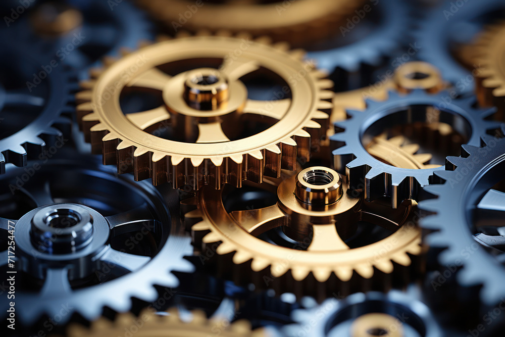 Poster a series of stylized gears meshing together illustrates the seamless integration of technology in a 