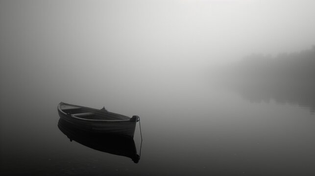Ruderboot im Nebel auf einem See
