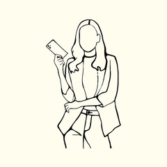 Woman holding a smartphone, line art style drawing. suitable for use as a graphic resource.