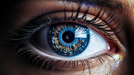 Woman focus eye look digital science system concept vision futuristic computer screen technology person human