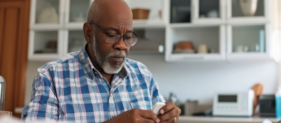 African American man with diabetes tests glucose levels at home - obrazy, fototapety, plakaty