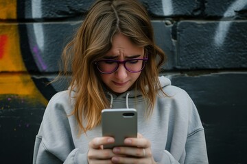 Junge Frau erhält schlechte Nachrichten am Handy. Passend zum Thema Mobbing in Social Media.  - obrazy, fototapety, plakaty