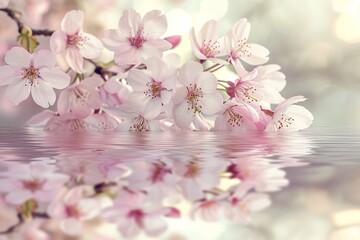 A spring cherry blossom scene, delicate pink sakura flowers, a tranquil pond reflecting the blossoms, serene and poetic atmosphere