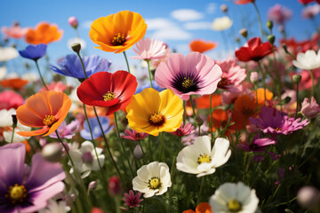 Fototapeta premium A lively field of wildflowers in full bloom, offering a vibrant and cheerful background for text related to nature and positivity. Generative Ai.