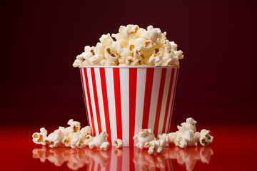 Popcorn in paper packaging on a dark red background. Popcorn in red and white packaging. Cinema background. Copy text space
