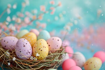 Bemalte Ostereier im Nest vor einem Hintergrund in Pastel-Farben. Cyan oder blaue Fl&auml;che f&uuml;r Platz f&uuml;r Text. Osterstimmung und Osterdekoration.