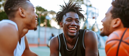Young multiethnic men basketball players, laughing and talking, resting at the sport ground.