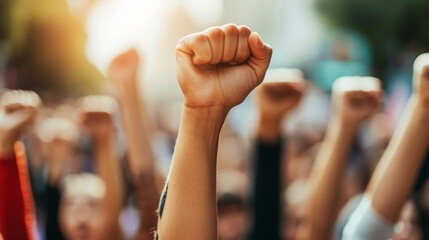 A group of people with their fists raised in the air generative ai