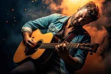 Obraz premium A musician playing a guitar with closed eyes, lost in the music, against a gradient background that evokes the emotional depth of artistic expression. Concept of musical passion. Generative Ai.