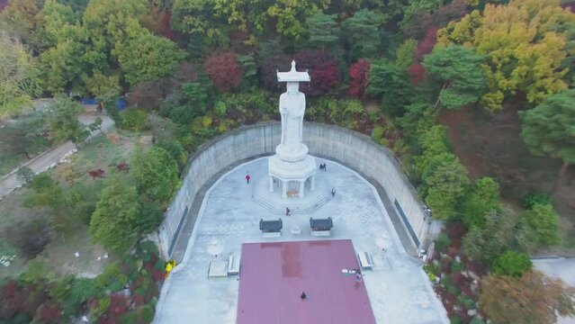 People walk near big statue of Buddha among plants in Korean temple
