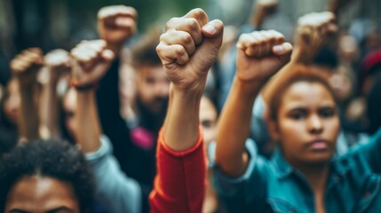 Fototapeta premium A group of people with their fists raised in the air generative ai