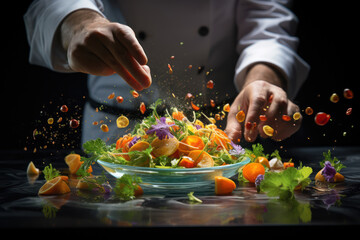 A chef presenting a dish against a minimalist background, with ingredients floating around, emphasizing the artistry and presentation in culinary creations.  Generative Ai.