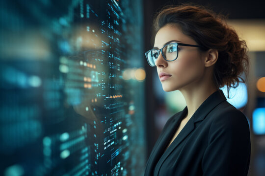 A Portrait of a Female Computer Engineer Deep in Thought, Surrounded by Multiple Screens Displaying Complex Code and Diagrams, in a Modern Tech Office Environment
