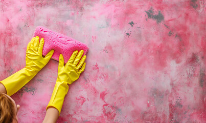 overhead view of a woman cleaning dirty pink table in yellow gloves and with pink rag