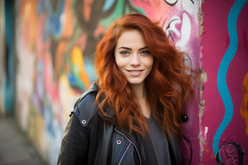 A confident young woman with vibrant red hair wearing a black graphic tee in a bustling urban setting, surrounded by colorful graffiti art and the energetic vibe of city life