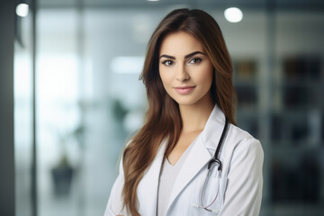 A Compassionate Cardiologist: Portrait of a Woman in White Coat, Stethoscope Around Her Neck, Standing in a Modern Hospital Environment with Medical Equipment in the Background