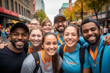 A group of volunteers organizing a charity run to raise funds for a local cause, depicting the energy, enthusiasm, and positive impact of community-driven events.