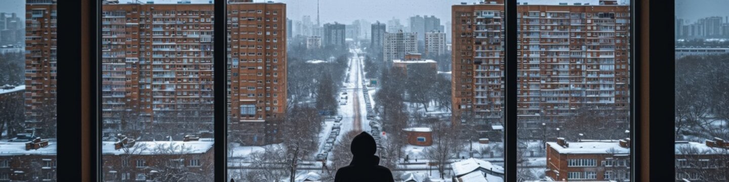 Person Contemplating Snowy Cityscape Through Window