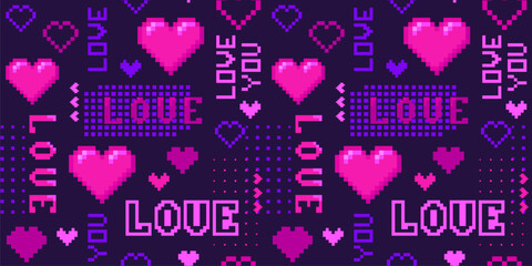 Valentines day, love theme vector seamless pattern. Retro 1980s - 1990s fashion,  pixel art style. Abstract background with hearts, text Love You, geometric shapes. Stylish repeated pop art design