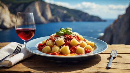 portion of Italian gnocchi with tomatoes and cheese on a wooden table in front of a gulf background with rocks