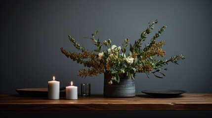 The location of candles, flowers and other elements on a wooden table. Experiment with various compositions to find aesthetically pleasant location.
