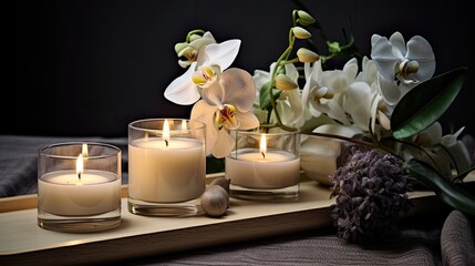 The location of candles, flowers and other elements on a wooden table. Experiment with various compositions to find aesthetically pleasant location.