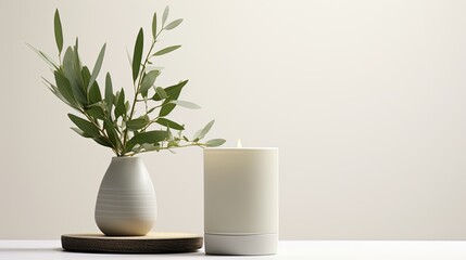Thin textures of a fragrant candle and eucalyptus leaves. The minimalist style allows you to carefully study these details. The release of thin textures adds a tactile element