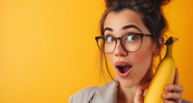 Sexy Stylish Brunette Business woman surprisely watching at a Ripe Yellow Banana - Healthy Snack Surprise for Office Wellness