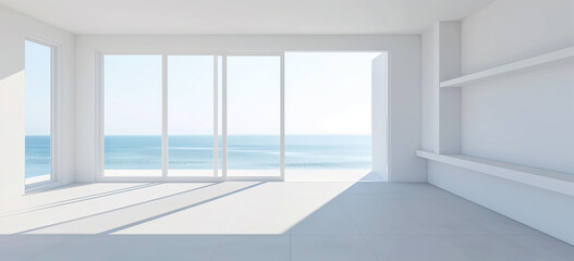 Sea view empty living room modern style, Big white wall background in vacation room