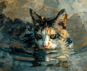 A cute cat swimming in the water, abstract digital illustration