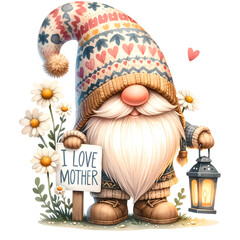 Cute Watercolor Gnome Mother's Day Clipart Illustration