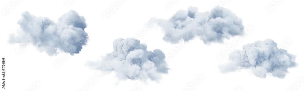 Poster set of white clouds isolated on transparent background. 3d render.
