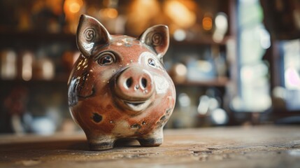 Obraz premium Ceramic piggy bank in a rustic setting generative ai