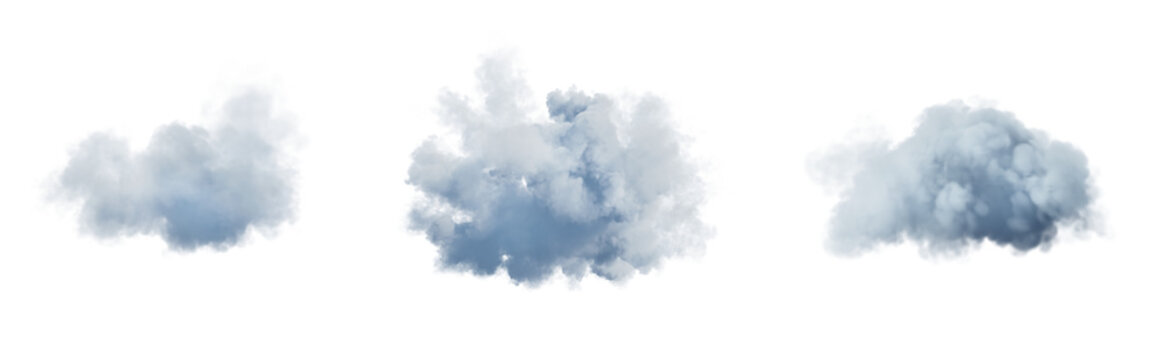 Set of white clouds isolated on transparent background. 3D render.