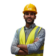 Portrait of a construction worker. Male builder in a helmet. Warehouse worker in uniform on the blurred background. Created using AI generation