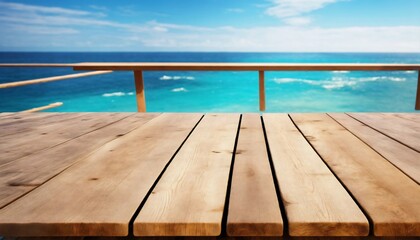 Fototapeta premium Wooden board empty table in front of blue sea & sky background. perspective wood floor over sea and sky - can be used for display or montage your products. beach & summer concepts.