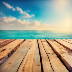 Fototapeta premium Wooden board empty table in front of blue sea & sky background. perspective wood floor over sea and sky - can be used for display or montage your products. beach & summer concepts.