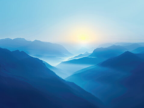 Image of an azure sunrise illuminating the misty mountains. The soft gradients and ethereal atmosphere can inspire breathtaking digital art pieces.