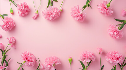 Soft pink carnations at the corners of a light pink background, Valentine's Day, Flat lay, top view, with copy space