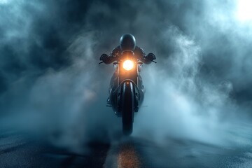 Motorcycle coming out of smoke. Smoke ride. - obrazy, fototapety, plakaty