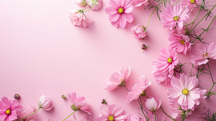 Delicate pink cosmos flowers at the corners of a rose-colored background, Valentine's Day, Flat lay, top view, with copy space